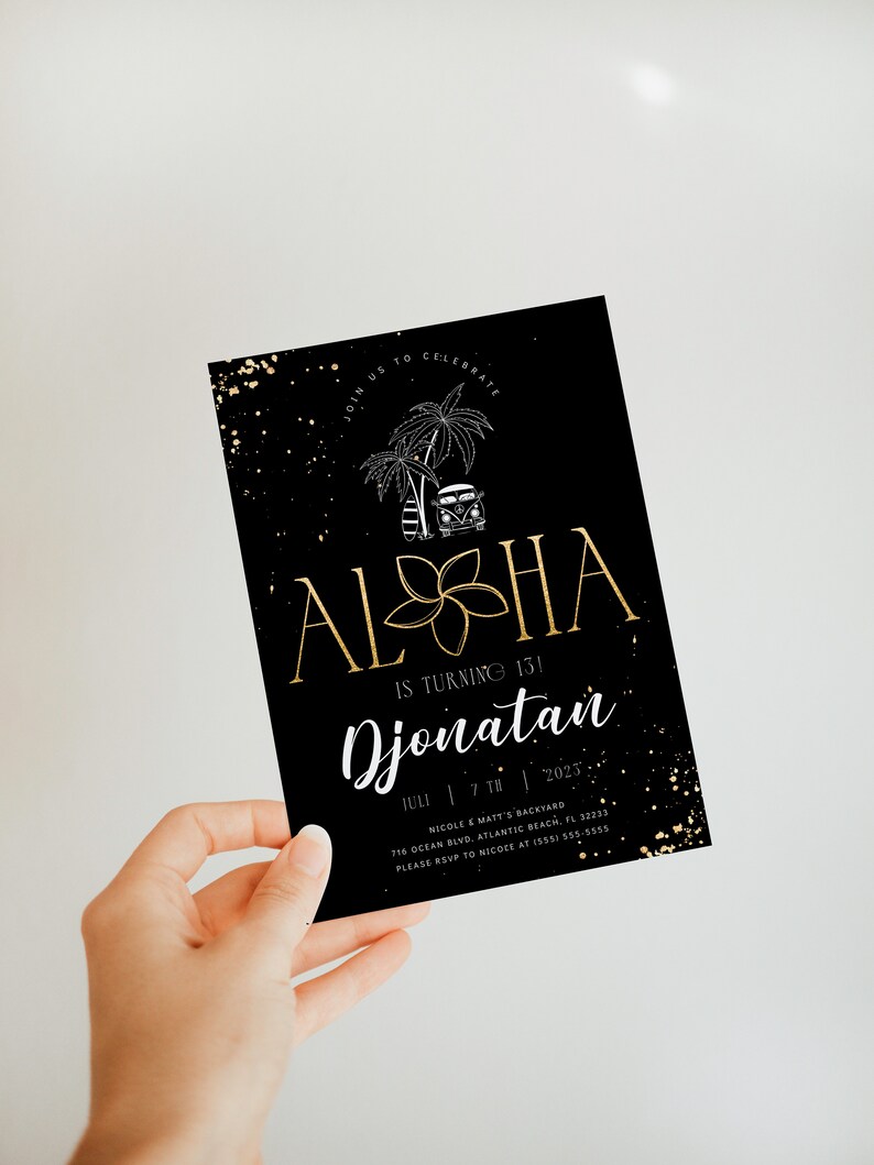 Invitación de cumpleaños Aloha negra y dorada: Fiesta Luau (Descarga digital) imagen 4