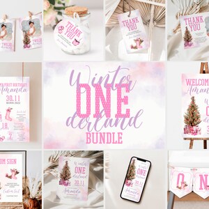 Winter Onederland Girl Bundle, Holiday Wonderland First Birthday Invitation, Baby 1st Winter Party Birthday Bundle, Winter Year Girl Bundle