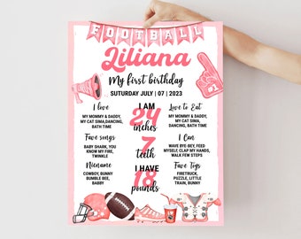 Girl Football First Birthday Milestones Sign, Football 1st Birthday Milestone Banner, Sports Party Chalkboard, Football First Birthday Board