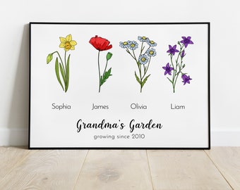 Personalized Grandma's Garden Poster, Special Gift for Grandma, Personalized Birth Flower Bunch Art Print