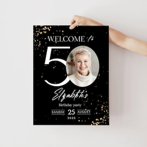 Cartello di benvenuto per il 50° compleanno: glitter nero e oro (striscione modificabile) immagine 1