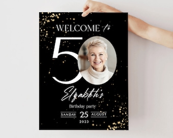 50th Birthday Welcome Sign: Black & Gold Glitter (Editable Banner)