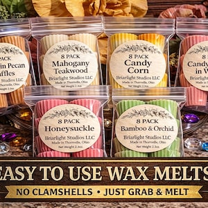 May include: An assortment of wax melts in clear plastic bags. Each bag is labeled with a scent name like "Pumpkin Pecan Waffles" and "Candy Apples in Winter." The text "Easy to Use Wax Melts" is displayed at the bottom.