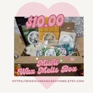 May include: A brown cardboard box filled with wax melts in various scents and shapes. The box is decorated with hearts and the text "Misfit Wax Melts Box" and "$10.00".