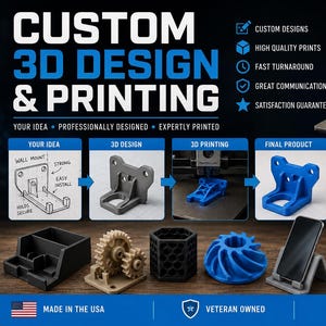 May include: A promotional graphic for custom 3D design and printing services. It features a Bambu Lab printer, a process flow from sketch to final product, and various printed items like a gear assembly, phone stand, and containers. Text includes "CUSTOM 3D DESIGN & PRINTING" and "YOU DREAM IT, WE BUILD IT."