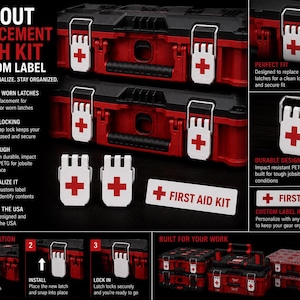 May include: A Packout replacement latch kit and custom label set featuring white metal latches with red cross symbols. The kit includes components for toolbox modification, showing installation steps and a label reading FIRST AID KIT.