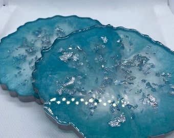 blue and silver resin coaster set of 2