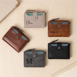 Renna Genuine Leather Mechanical Wallet RFID Blocking Wallet Engraved Personalized Wallet Minimalist Card Holder Coin Pocket Christmas Gift
