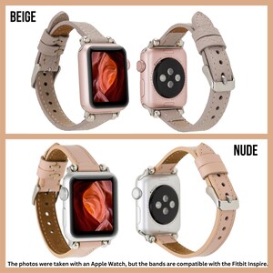 May include: Two Apple Watch bands in beige and nude colors. The bands are made of leather and have a textured finish. The bands are shown with a rose gold Apple Watch and a silver Apple Watch.