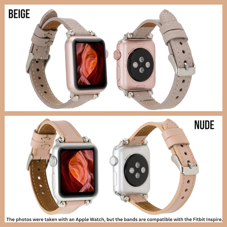 May include: Two Apple Watch bands in beige and nude colors. The bands are made of leather and have a textured finish. The bands are shown with a rose gold Apple Watch and a silver Apple Watch.