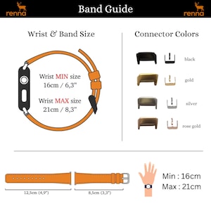May include: A guide for wrist and band sizes for a watch. The image shows a diagram of a watch band with measurements in inches and centimeters. The minimum wrist size is 6.3 inches or 16 centimeters, and the maximum wrist size is 8.3 inches or 21 centimeters. The image also shows a diagram of the watch band with measurements in inches and centimeters. The band is 4.9 inches or 12.5 centimeters long and 3.3 inches or 8.5 centimeters wide. The image also shows a diagram of a hand wearing a watch with the text "Min: 16cm Max: 21cm". The image also shows a diagram of different connector colors for the watch band: black, gold, silver, and rose gold.