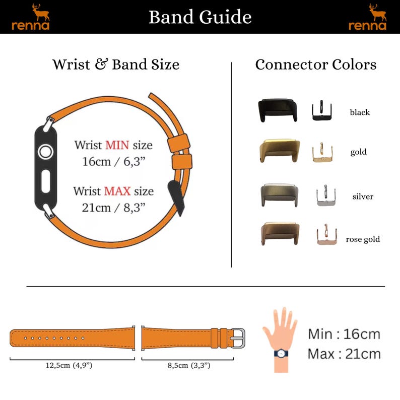 May include: A guide for wrist and band sizes for a watch. The image shows a diagram of a watch band with measurements in inches and centimeters. The minimum wrist size is 6.3 inches or 16 centimeters, and the maximum wrist size is 8.3 inches or 21 centimeters. The image also shows a diagram of the watch band with measurements in inches and centimeters. The band is 4.9 inches or 12.5 centimeters long and 3.3 inches or 8.5 centimeters wide. The image also shows a diagram of a hand wearing a watch with the text "Min: 16cm Max: 21cm". The image also shows a diagram of different connector colors for the watch band: black, gold, silver, and rose gold.