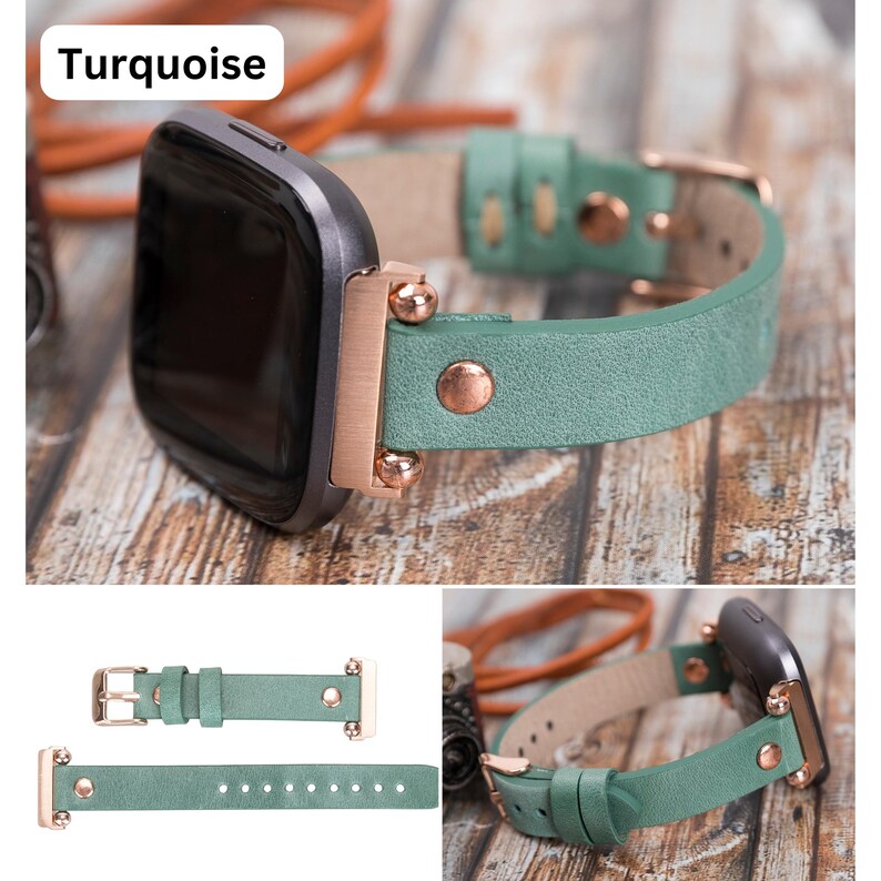 May include: Turquoise leather watch band with rose gold accents and a buckle closure. The band is shown on a smartwatch.