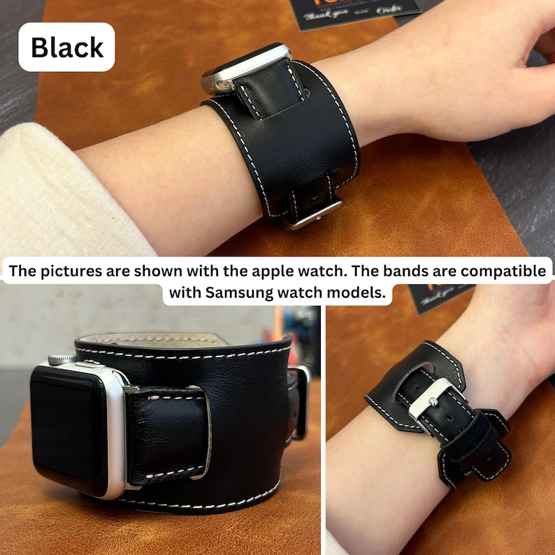 Puede incluir: Pulsera de reloj de cuero negro con costuras blancas. La pulsera se muestra en la mu&ntilde;eca de una persona. La pulsera es compatible con los relojes inteligentes Apple y Samsung.