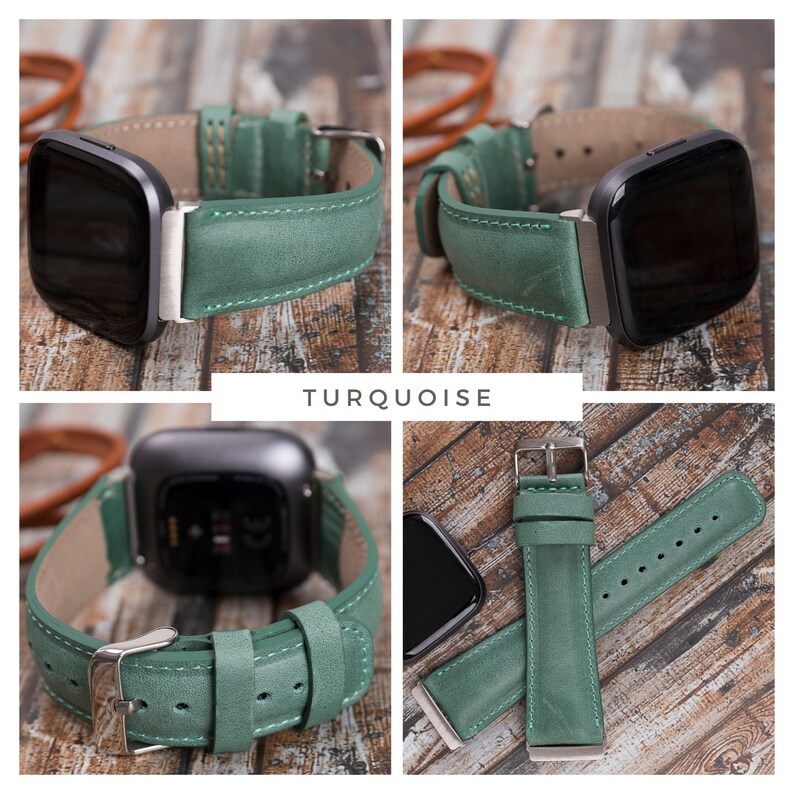 May include: Turquoise leather watch band for a smartwatch. The band is shown on a smartwatch and as a separate band. The band has white stitching and a silver buckle.