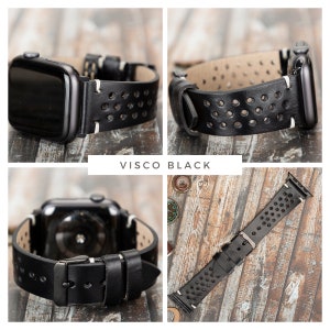 May include: Black leather Apple Watch band with white stitching and a perforated design. The band is shown on a wooden surface. "VISCO BLACK" is written on the image.