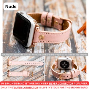 May include: A pink leather watch band with gold accents and studs. The band is shown on an Apple Watch. The text "IM BRAUNEN BAND IST NUR NOCH DER SILVER CONNECTOR AUF LAGER. ONLY THE SILVER CONNECTOR IS LEFT IN STOCK FOR THE BROWN BAND." is displayed below the image.