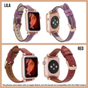 May include: Two Apple Watch bands in different colors. The band on the left is purple and the band on the right is red. Both bands have a rose gold buckle and are made of leather.