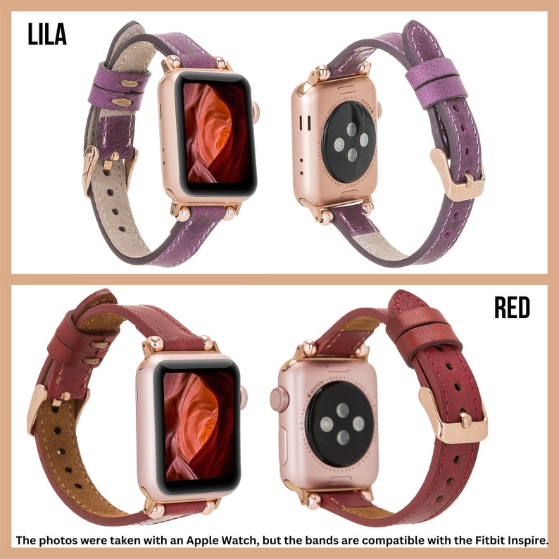 May include: Two Apple Watch bands in different colors. The band on the left is purple and the band on the right is red. Both bands have a rose gold buckle and are made of leather.
