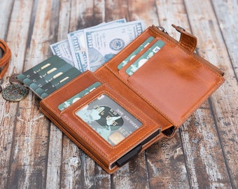 Renna Genuine Leather Mechanical Wallet  | RFID Blocking Wallet | Engraved Personalized Wallet | Minimalist Card Holder And Coin Pocket