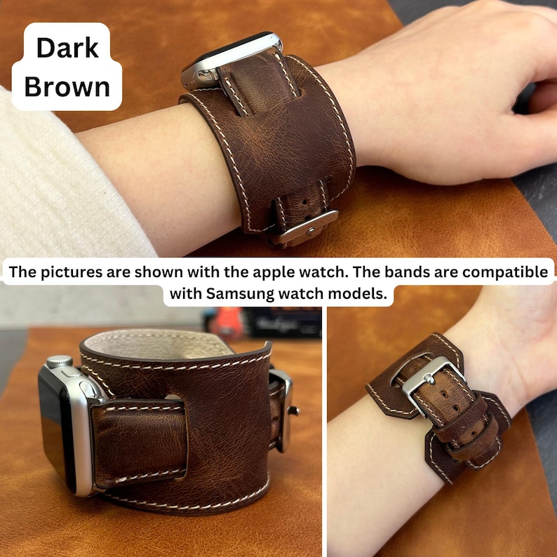 Puede incluir: Pulsera de reloj de cuero marr&oacute;n oscuro con costuras blancas. La pulsera se muestra envuelta alrededor de una mu&ntilde;eca y es compatible con los relojes inteligentes Apple y Samsung.