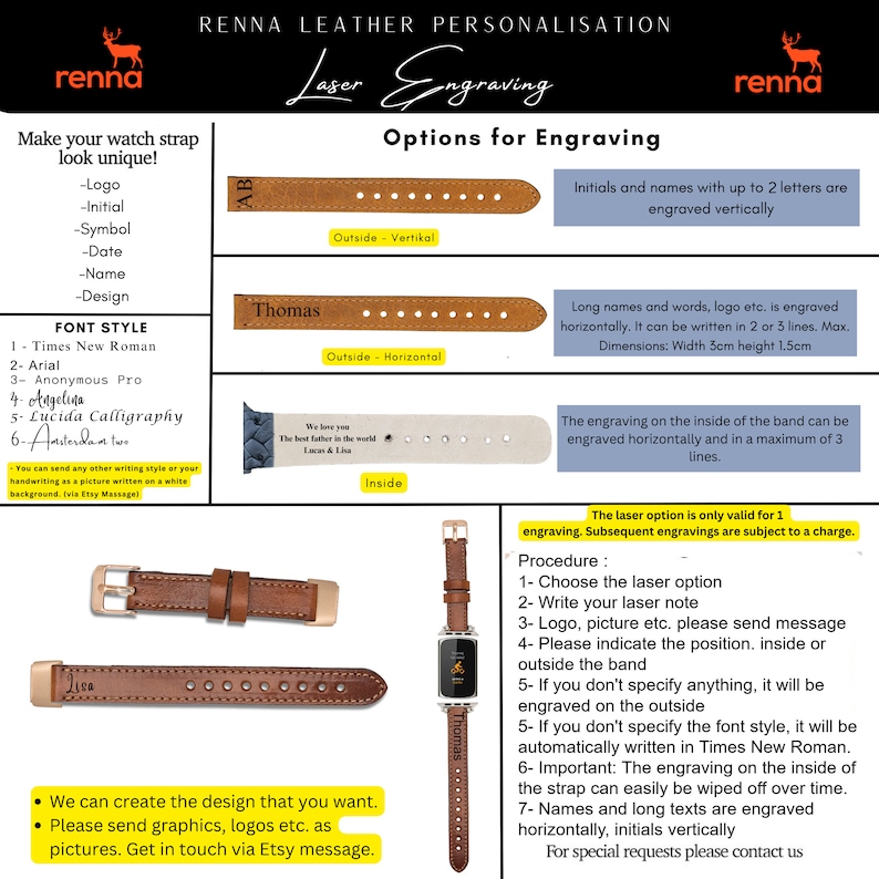 May include: A guide to customizing leather watch straps with laser engraving.  The guide shows different options for engraving, including initials, names, logos, and dates.  The guide also includes a list of font styles and instructions on how to send your design to the seller.
