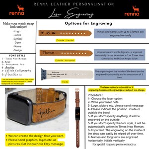May include: A brown leather watch strap with the word "faith" engraved on it. The strap is shown on a white background with a variety of options for engraving, including initials, names, logos, and symbols. The text "Laser Engraving" is displayed in a large font at the top of the image.