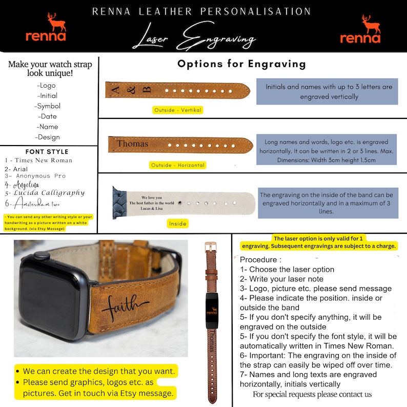 May include: A brown leather watch strap with the word "faith" engraved on it. The strap is shown on a white background with a variety of options for engraving, including initials, names, logos, and symbols. The text "Laser Engraving" is displayed in a large font at the top of the image.