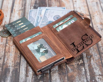 Renna Genuine Leather Mechanical Wallet RFID Blocking Wallet Engraved Personalized Wallet Minimalist Card Holder Coin Pocket Christmas Gift