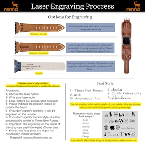 May include: A guide to laser engraving options for watch bands.  The image shows three different watch bands with examples of engraving styles.  The text describes the different engraving options, including font styles, placement, and size.  The text also includes a list of font styles and a section on how to make your watch strap look unique.