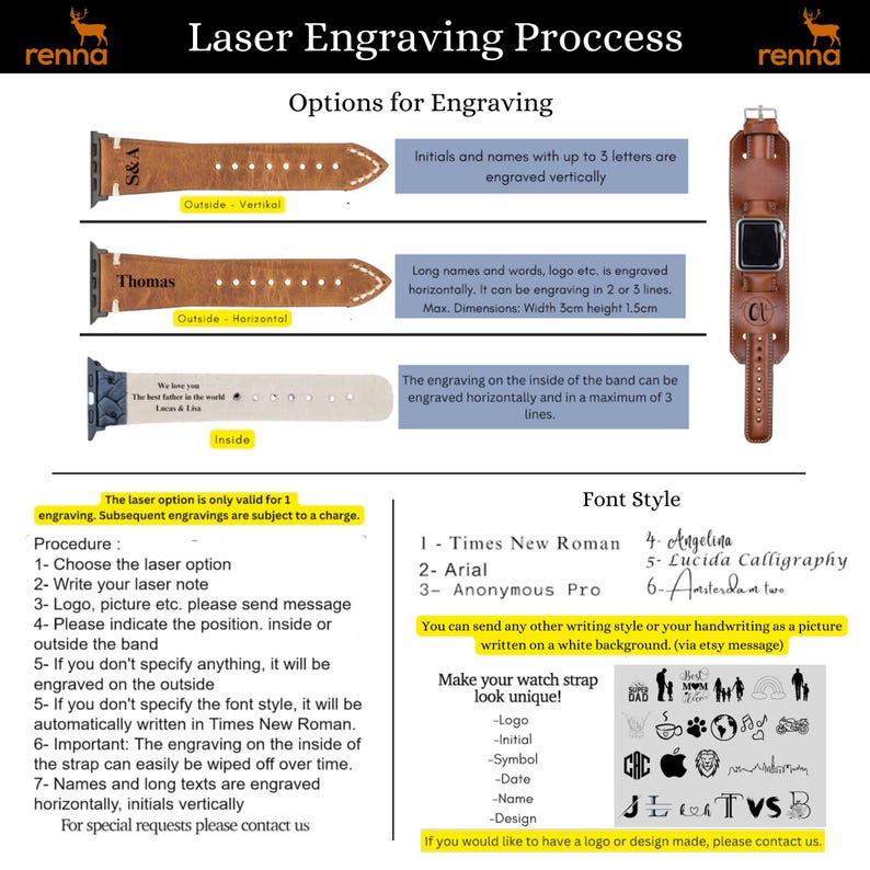 May include: A guide to laser engraving options for watch bands.  The image shows three different watch bands with examples of engraving styles.  The text describes the different engraving options, including font styles, placement, and size.  The text also includes a list of font styles and a section on how to make your watch strap look unique.