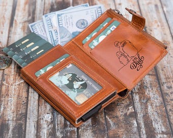 Renna Genuine Leather Mechanical Wallet RFID Blocking Wallet Engraved Personalized Wallet Minimalist Card Holder Coin Pocket Christmas Gift