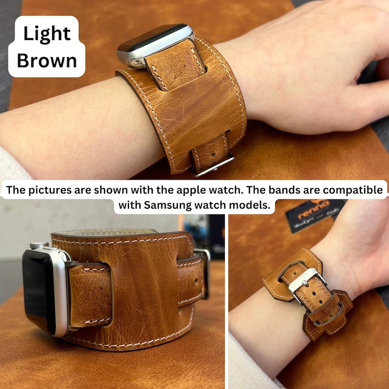 Puede incluir: Pulsera de reloj de cuero marr&oacute;n claro con detalles de costura blanca. La pulsera se muestra en una mu&ntilde;eca con un Apple Watch plateado. El texto "The pictures are shown with the apple watch. The bands are compatible with Samsung watch models." es visible debajo de la imagen.