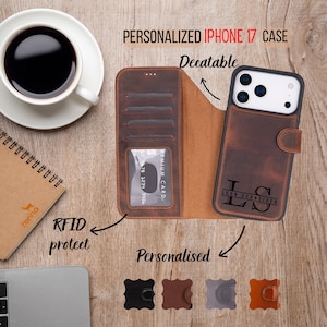 Könnte beinhalten: Eine braune Leder-iPhone 17-Hülle mit einem Portemonnaie-Design. Die Hülle ist mit dem Namen "LEON SCHNEIDER" und Initialen personalisiert. Die Hülle hat einen Magnetverschluss und RFID-Schutz. Das Bild zeigt auch eine Tasse Kaffee, ein Notizbuch und einen Laptop.