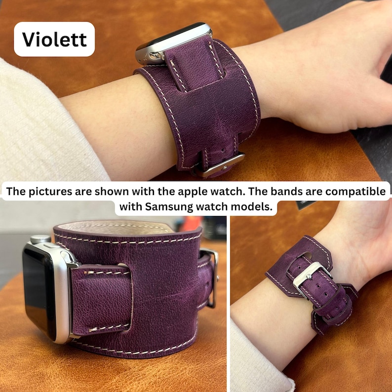 Puede incluir: Pulsera de reloj de cuero morado con costuras blancas. La pulsera se muestra envuelta alrededor de un Apple Watch plateado. El texto "Violett" es visible en la esquina superior izquierda de la imagen.
