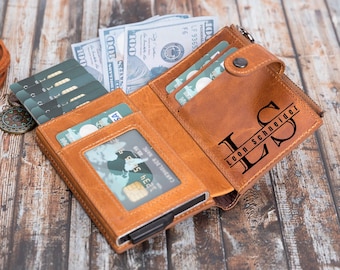 Renna Genuine Leather Mechanical Wallet RFID Blocking Wallet Engraved Personalized Wallet Minimalist Card Holder Coin Pocket Christmas Gift