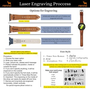 Puede incluir: Una gu&iacute;a para las opciones de grabado l&aacute;ser para correas de reloj. La imagen muestra tres estilos diferentes de correas de reloj con ejemplos de grabado. Las opciones de grabado incluyen iniciales, nombres, logotipos y texto. Los estilos de fuente incluyen Times New Roman, Arial, Anonymous Pro, Angelina, Lucida Calligraphy y Amsterdam Two. La imagen tambi&eacute;n muestra una variedad de s&iacute;mbolos que se pueden grabar en la correa del reloj.