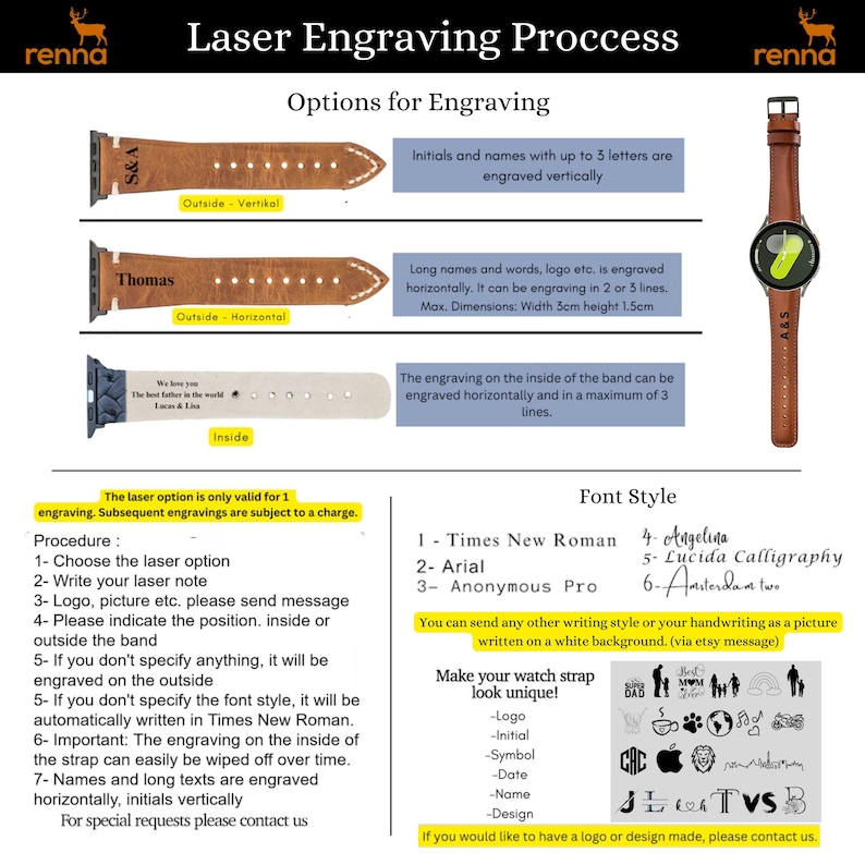 Puede incluir: Una gu&iacute;a para las opciones de grabado l&aacute;ser para correas de reloj. La imagen muestra tres estilos diferentes de correas de reloj con ejemplos de grabado. Las opciones de grabado incluyen iniciales, nombres, logotipos y texto. Los estilos de fuente incluyen Times New Roman, Arial, Anonymous Pro, Angelina, Lucida Calligraphy y Amsterdam Two. La imagen tambi&eacute;n muestra una variedad de s&iacute;mbolos que se pueden grabar en la correa del reloj.