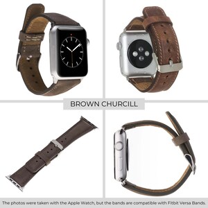 May include: Brown leather watch band for Apple Watch or Fitbit Versa. The band has a stitched design and a buckle closure.