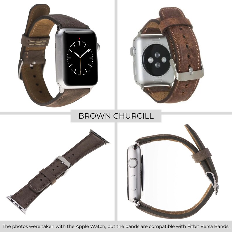 May include: Brown leather watch band for Apple Watch or Fitbit Versa. The band has a stitched design and a buckle closure.