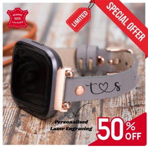 May include: Gray leather watch band with rose gold accents and personalized laser engraving that reads "T&S". The band is for a smartwatch with a black screen. The image includes a "Special Offer" and "Limited" tag.