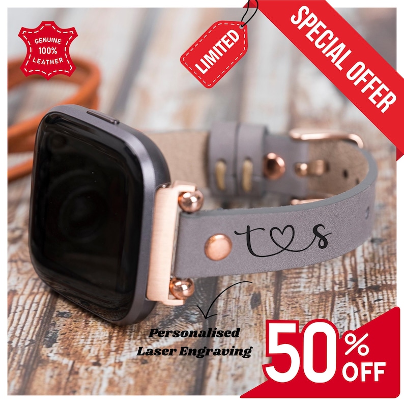May include: Gray leather watch band with rose gold accents and personalized laser engraving that reads "T&S". The band is for a smartwatch with a black screen. The image includes a "Special Offer" and "Limited" tag.