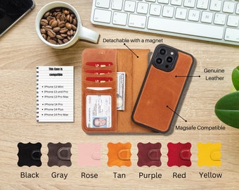 iPhone 14 Pro Max 14 Pro 14 Plus 13 All Models Genuine Leather Case MagSafe Compatible 2in1 Detachable Magnetic Flip Case Card Slots