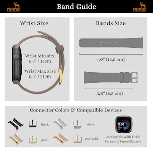May include: A guide for choosing the right size watch band. The image shows a watch face with a brown leather band, along with two different band sizes in inches and centimeters. The image also shows different connector colors and a Fitbit watch face, indicating compatibility with Fitbit Versa 4/3/Sense/Sense 2.