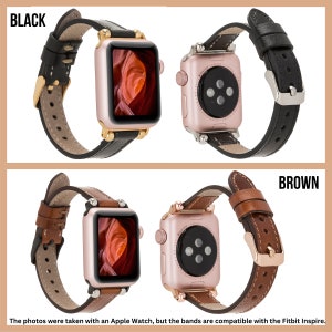 May include: Two rose gold Apple Watch bands, one black leather and one brown leather. The bands are shown on a rose gold Apple Watch with a canyon scene on the screen.