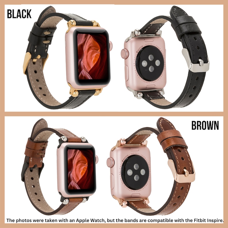 May include: Two rose gold Apple Watch bands, one black leather and one brown leather. The bands are shown on a rose gold Apple Watch with a canyon scene on the screen.