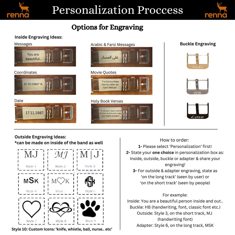 Peut inclure: Un guide pour les options de personnalisation d'un bracelet en cuir. Le guide pr&eacute;sente diff&eacute;rentes id&eacute;es de gravure pour l'int&eacute;rieur et l'ext&eacute;rieur du bracelet, notamment des messages, des coordonn&eacute;es, des dates, des citations de films, des versets de la Bible et des ic&ocirc;nes personnalis&eacute;es. Il pr&eacute;sente &eacute;galement diff&eacute;rentes options de gravure pour la boucle et l'adaptateur. Le guide comprend des instructions sur la fa&ccedil;on de commander et fournit des exemples de personnalisation.