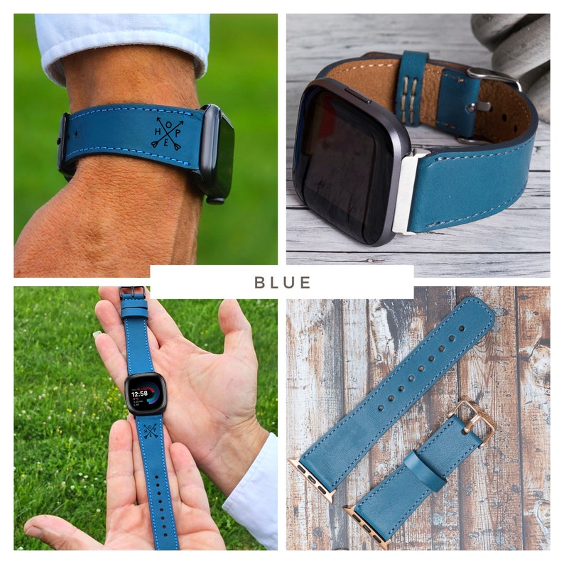 Personalized Fitbit Versa 4/3/2 Sense/SENSE 2 Band for Fitbit Smart Watch Strap Leather Custom Wristband Timeless Gift Idea Unisex BLUE