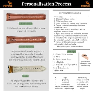 May include: A guide to personalizing leather watch bands with laser engraving.  The guide shows different engraving options, including initials, names, and logos.  It also includes a list of font styles available for engraving.  The text on the guide reads: "Personalisation Process", "1 X FREE LASER ENGRAVING", "Procedure", "Font Style", "Send us any design you want as a picture. We will prepare a sample picture for you."