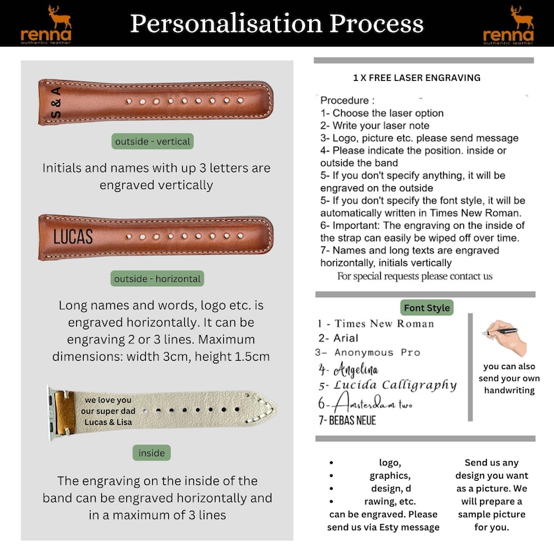 May include: A guide to personalizing leather watch bands with laser engraving.  The guide shows different engraving options, including initials, names, and logos.  It also includes a list of font styles available for engraving.  The text on the guide reads: "Personalisation Process", "1 X FREE LASER ENGRAVING", "Procedure", "Font Style", "Send us any design you want as a picture. We will prepare a sample picture for you."